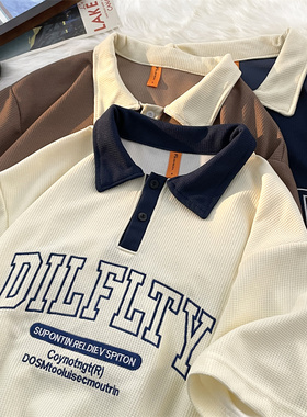 夏款美式polo衫男短袖夏季潮牌T恤宽松翻领百搭情侣五分袖0305d