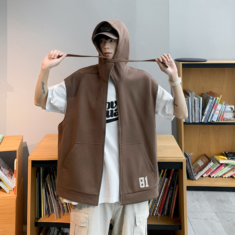 지퍼 슬릿 후드 티셔츠 남성용 느슨한 미국 양복 조끼 조끼 여름 유행 브랜드 다목적 스포츠 조끼 자켓