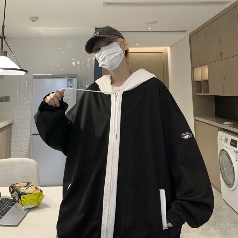 INS 가짜 투피스 카디건 스웨트 셔츠 남성용 홍콩 스타일 봄 가을 루즈 후드 탑 다용도 트렌디 브랜드 스포츠 자켓