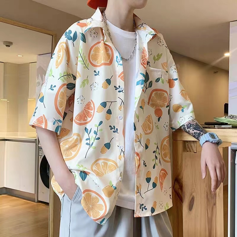 夏威夷印花短袖衬衫男夏季薄款宽松冰丝衬衣美式潮流痞帅半袖外套