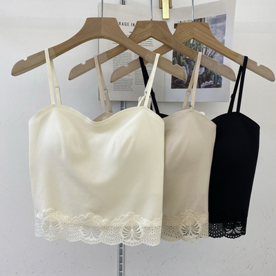 古妃蕾丝花边中长美背固定杯加高抹胸领边防走光无痕内搭外穿吊带