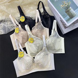 超薄纸片芒果杯蕾丝内衣女大胸显小兜兜罩调整型收副乳防走光文胸