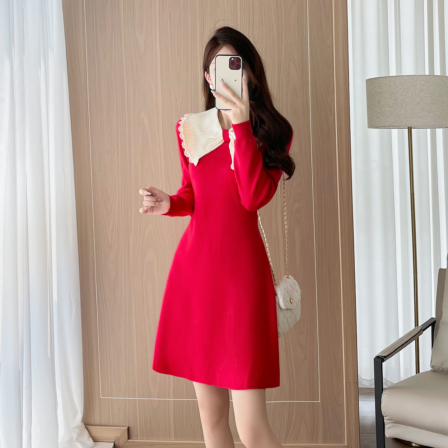 季新款红色针织连衣裙女长袖中长款高腰内搭A字毛衣裙,女装/女士精品,连衣裙,淘宝优惠券,粉丝福利购,淘宝优惠卷