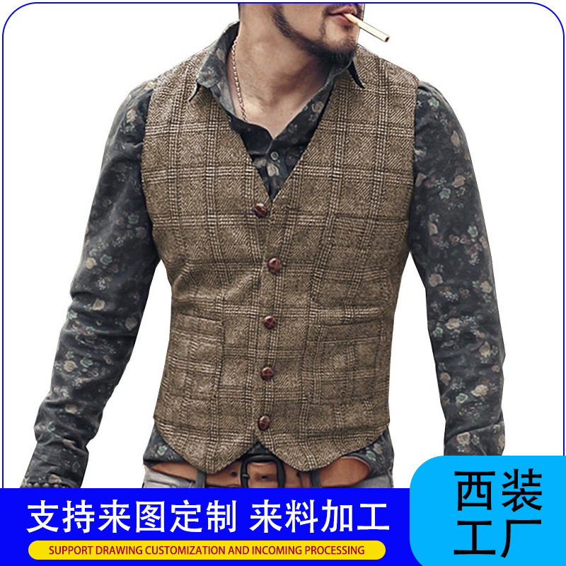 泽yp男士西装优选格子休闲背心新郎伴郎修身马甲外贸青年