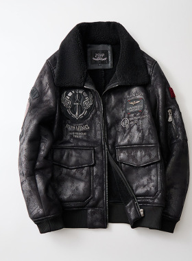 秋冬皮毛一体男士短款仿麂皮绒飞行服夹克外套F503*P265