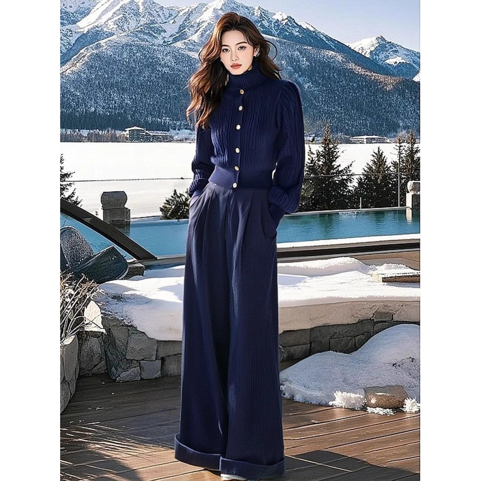 韩系搭配一整套春秋小香风藏蓝色高领毛衣灯芯绒阔腿裤针织套装