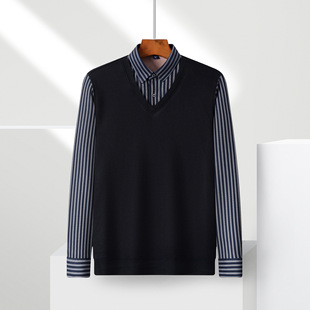 泽yp東雨男装冬季加厚加绒男士假两件青年时尚拼接色保暖毛衣针织