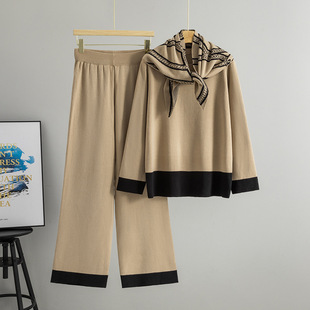 泽yp欧美小香风休闲针织套装女春秋宽松圆领毛衣阔腿裤围巾三件套