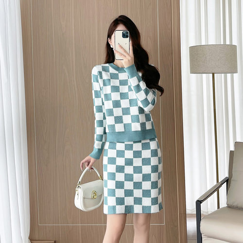 小香风针织两件套装裙女冬季撞色格子套头毛衣短裙时尚休闲套装女