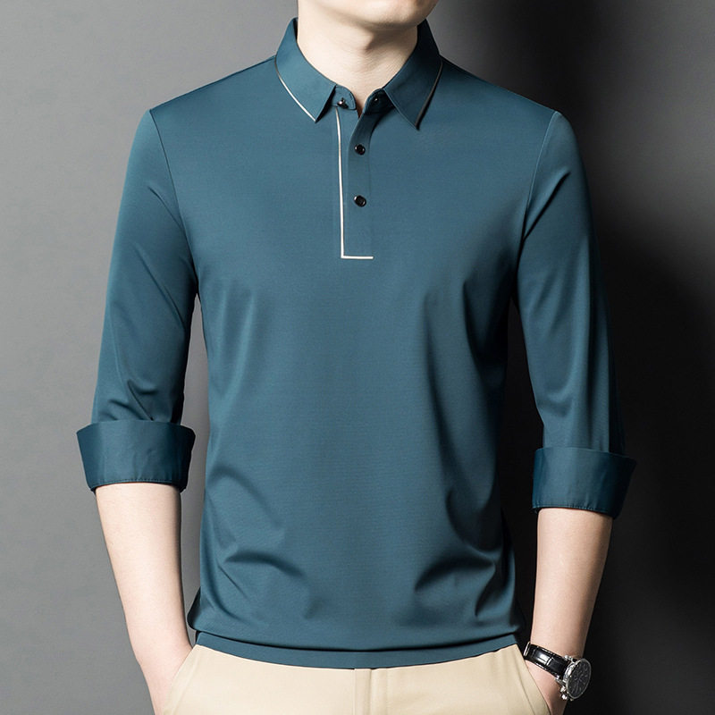 泽yp新款 男式T恤翻领春秋季薄款中年休闲纯色长袖时尚打底衫商务