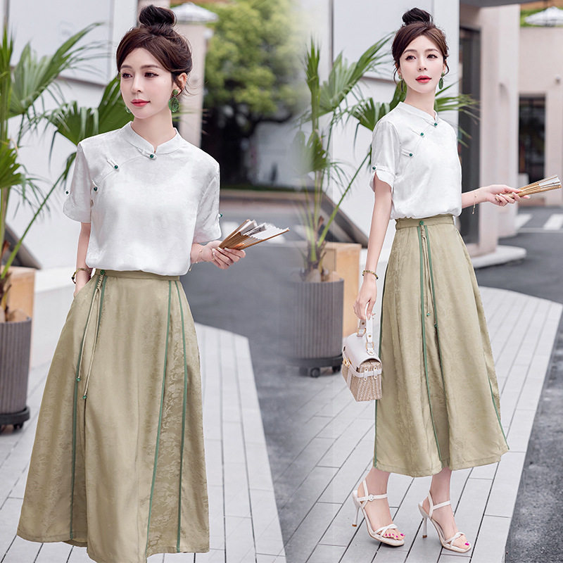 泽yp旗袍改良版马面裙女夏2024少女短袖上衣半身裙两件套装时尚气