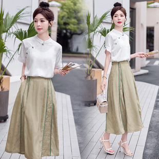 泽yp旗袍改良版马面裙女夏2024少女短袖上衣半身裙两件套装时尚气