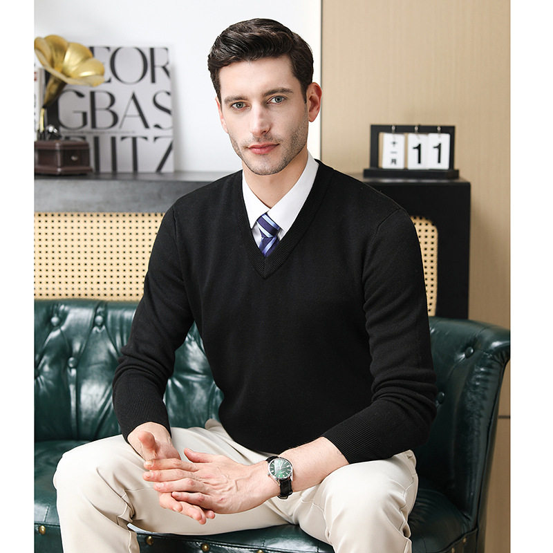 泽yp新款 秋冬羊毛衫男v领纯色加厚毛衣保暖商务休闲男士针织衫毛