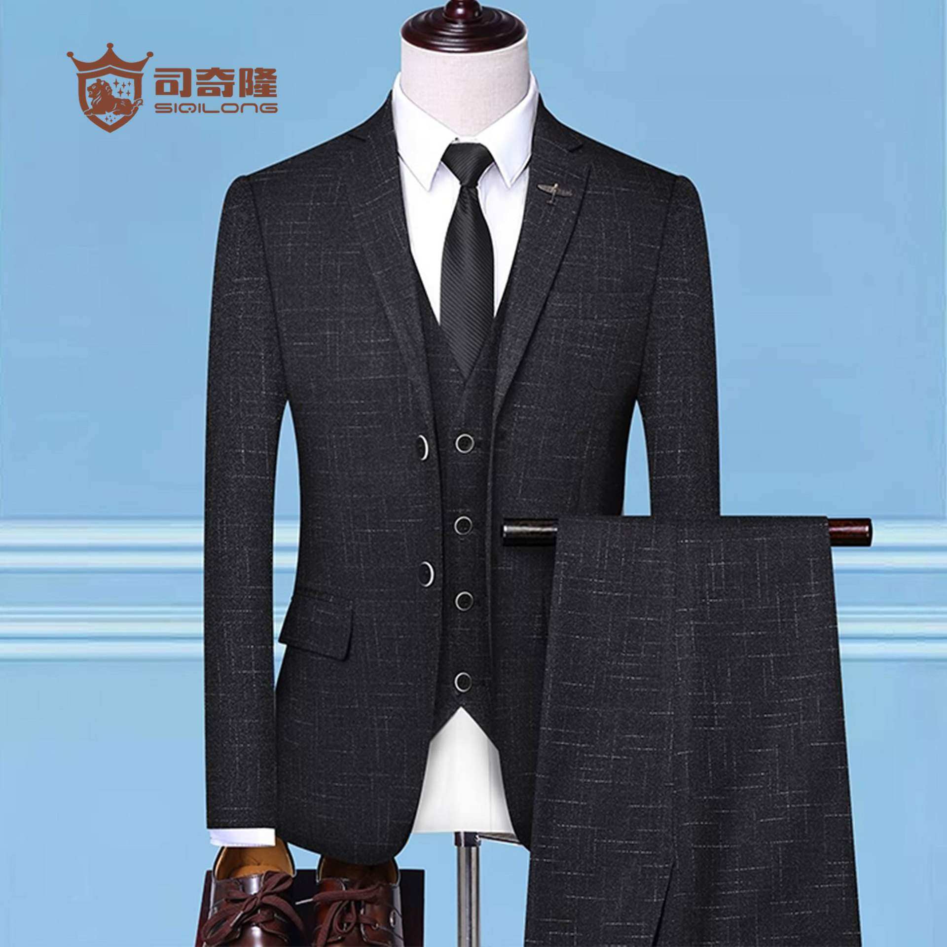 泽优品 男士西装 春秋韩版修身条纹商务正装结婚礼服西服三件套装