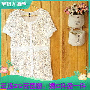夏装百搭均码女装蕾丝镂空韩版网纱短袖外搭雪纺系带修腰娃娃开衫