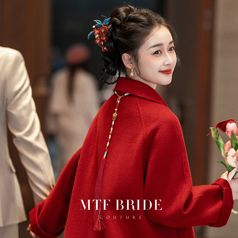 满庭芳【罗恩小姐】红色大衣双面羊毛女新娘结婚小个子毛呢子外套