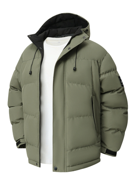 BUFFALO BOUND户外风连帽棉衣男加厚保暖防寒棉服外套军绿色拉链