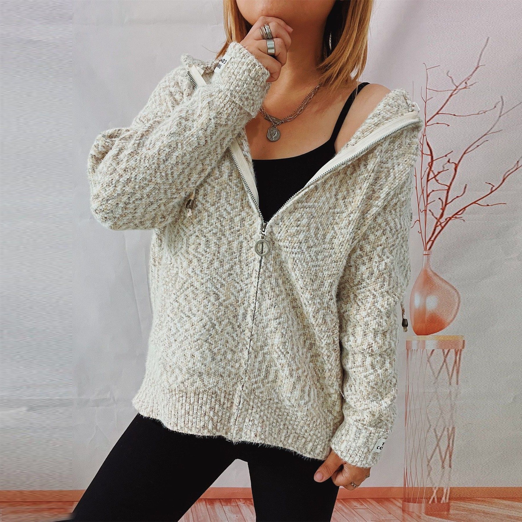 跨境亚马逊秋冬新款连帽抽绳拉链口袋针织卫衣开衫毛衣外套女