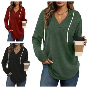 亚马逊欧美热卖 纯色抽绳宽松不规则连帽上衣春秋女装