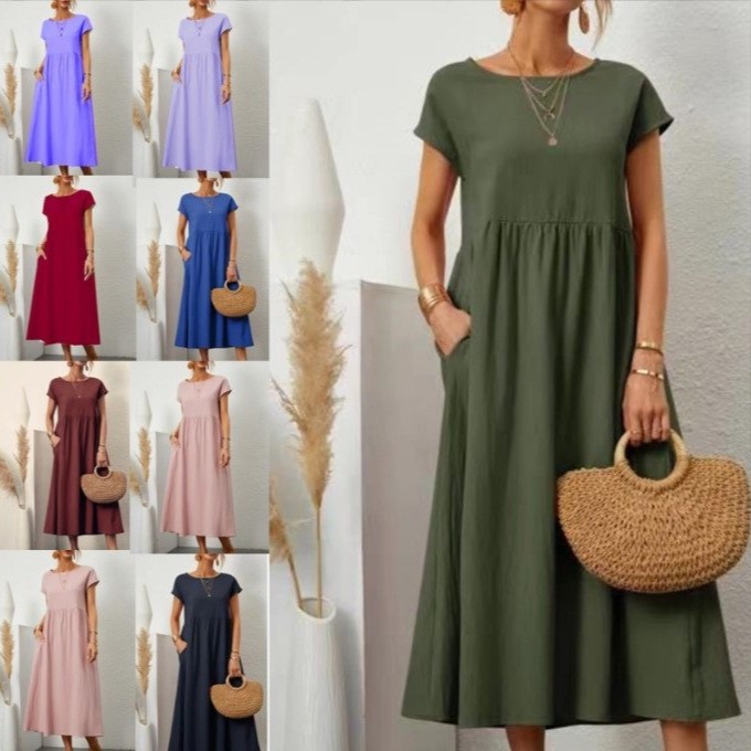 亚马逊 速卖通 欧美纯色无袖宽松棉麻插口袋 连衣裙 现货