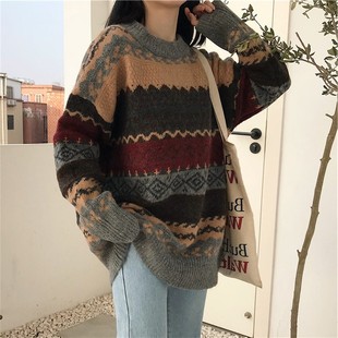 复古学院风毛衣女韩范百搭宽松提花针织衫 韩版 女上衣 新款 冬季