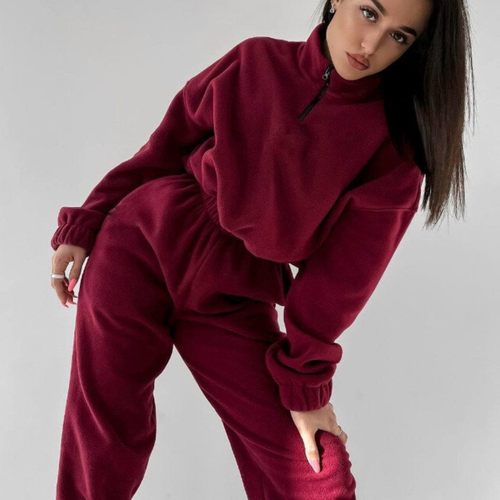 春秋热卖新款女装亚马逊时尚纯色宽松拉链立领卫衣休闲件套