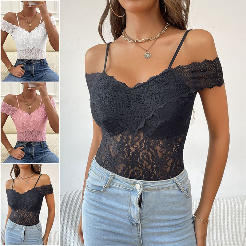 亚马逊新款夏季欧美外贸蕾丝连身衣辣妹风无袖花边吊带连体衣