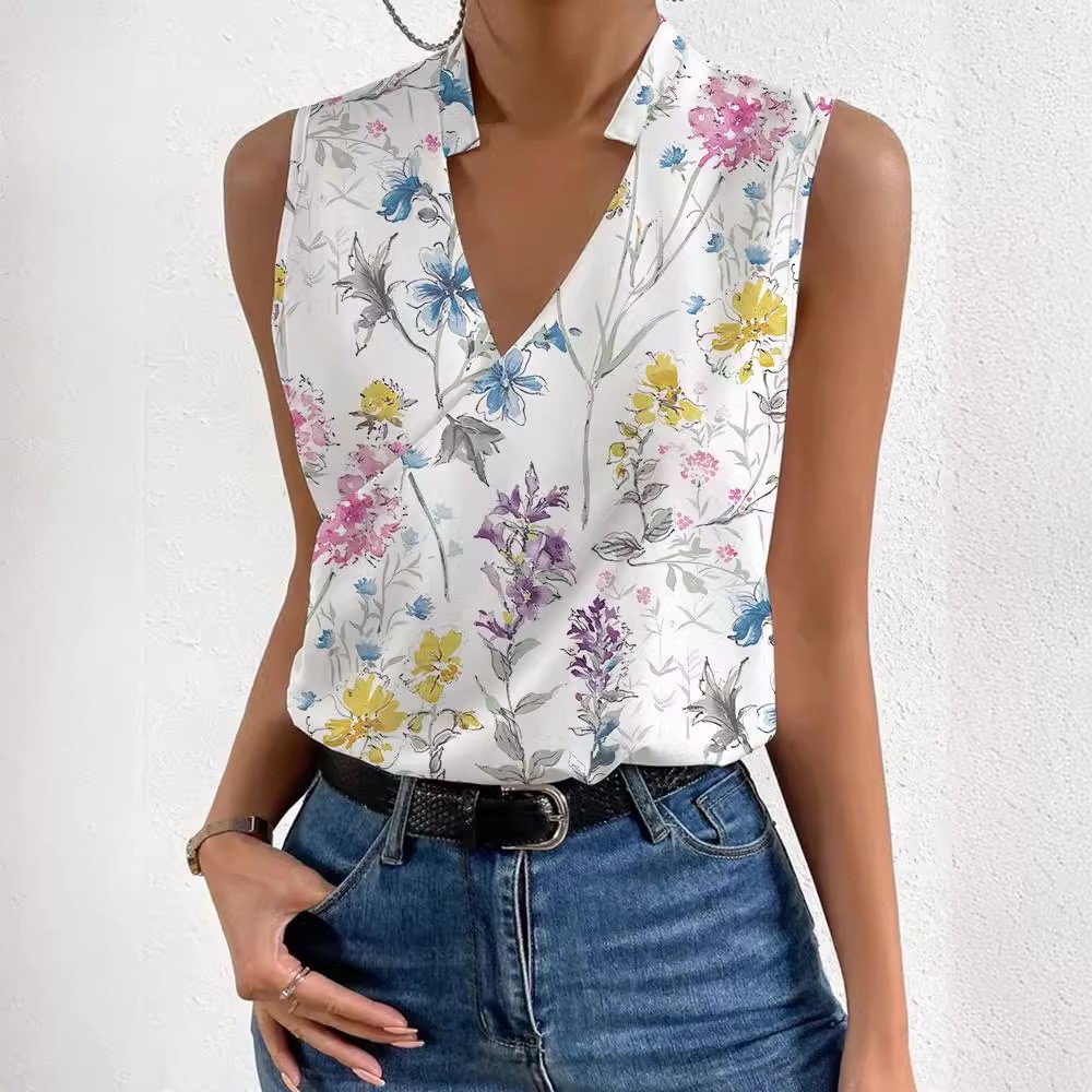 夏季外贸跨境新款女装印花领上衣衬衫欧美法式设计感衬衣