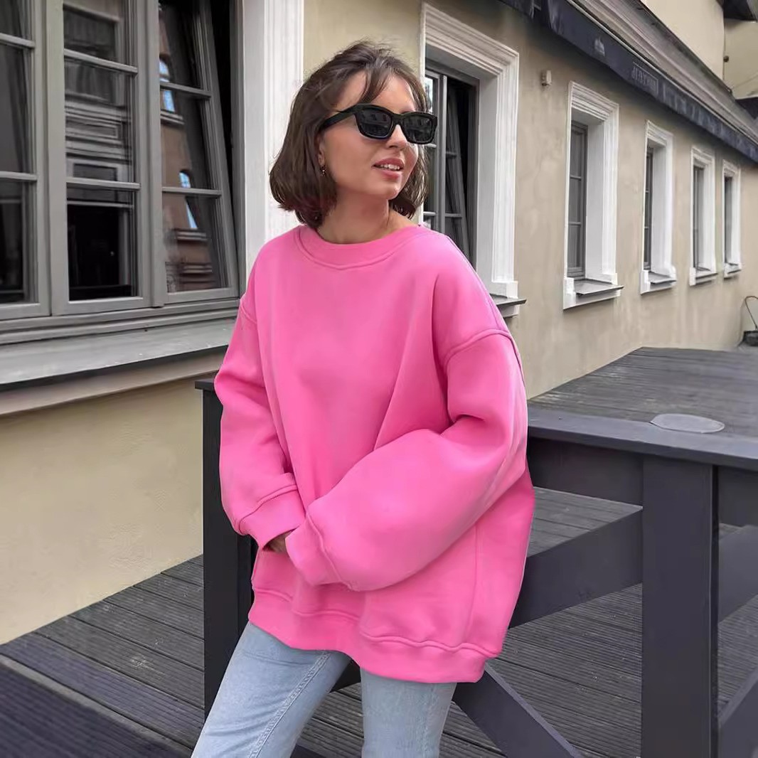 跨境圆领宽松卫衣女欧美秋冬街头纯色摇粒绒套头卫衣