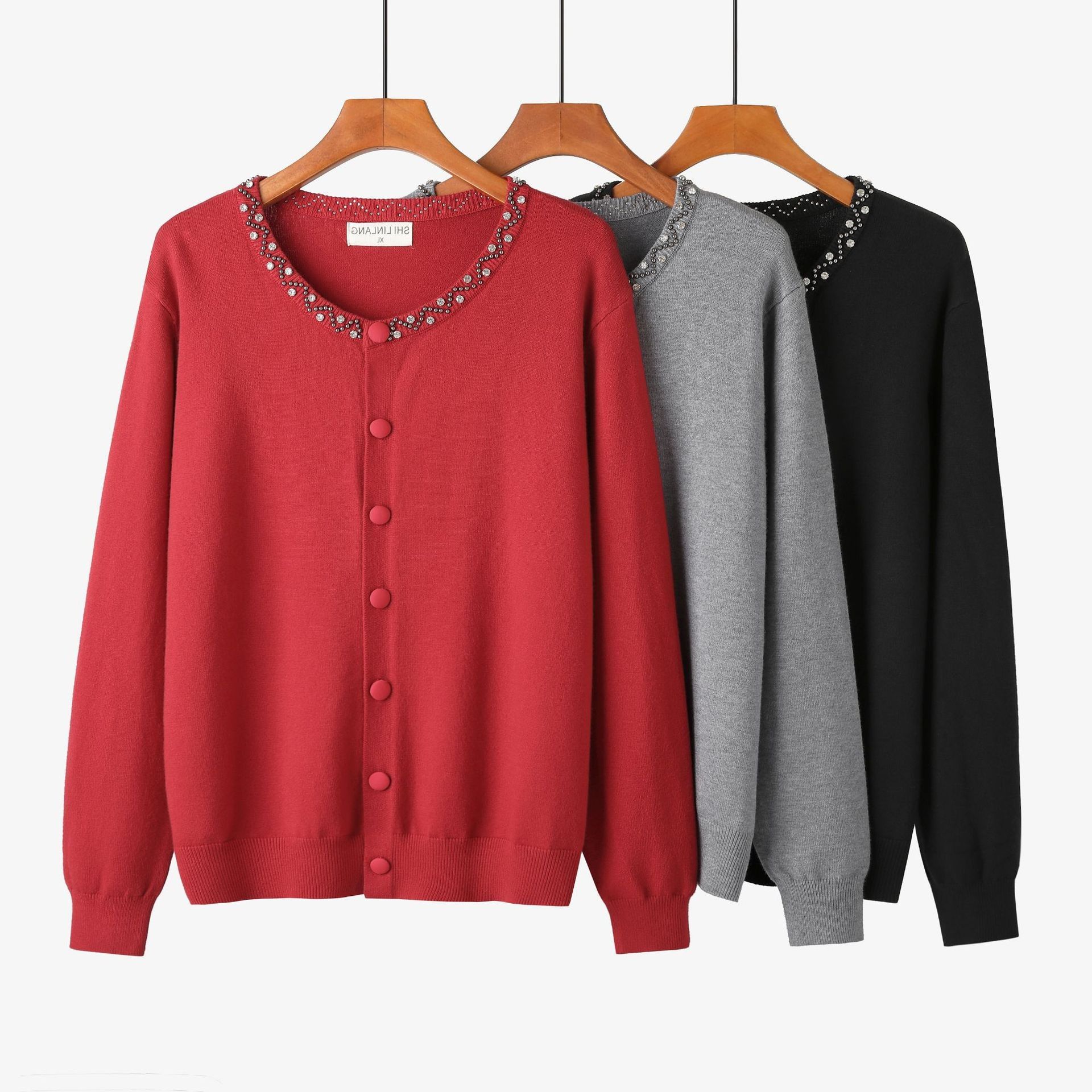 法式针织衫女开衫重工钉珠圆领百搭上衣 加肥加大码秋冬加厚上衣