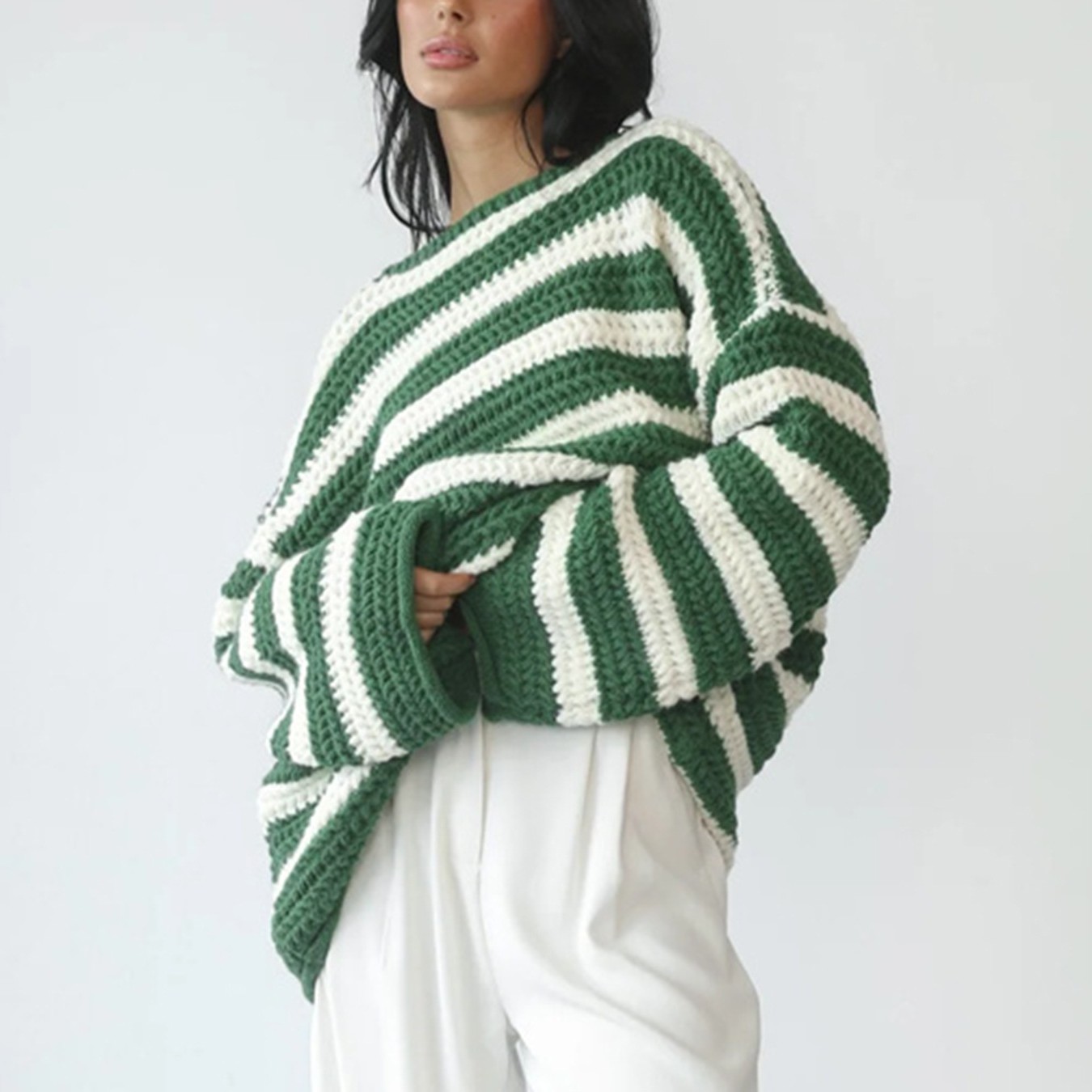 欧美跨境亚马逊秋冬上衣宽松一字领条纹长袖针织套头衫休闲毛衣女