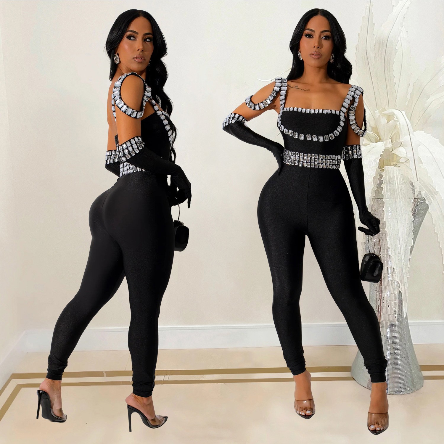 跨境速卖通亚马逊独立站欧美时尚女装新款吊带烫钻长连衣裤