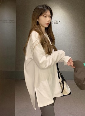 秋冬叠穿中长款白色纯棉长袖恤女学生简约开叉打底内搭宽松上衣