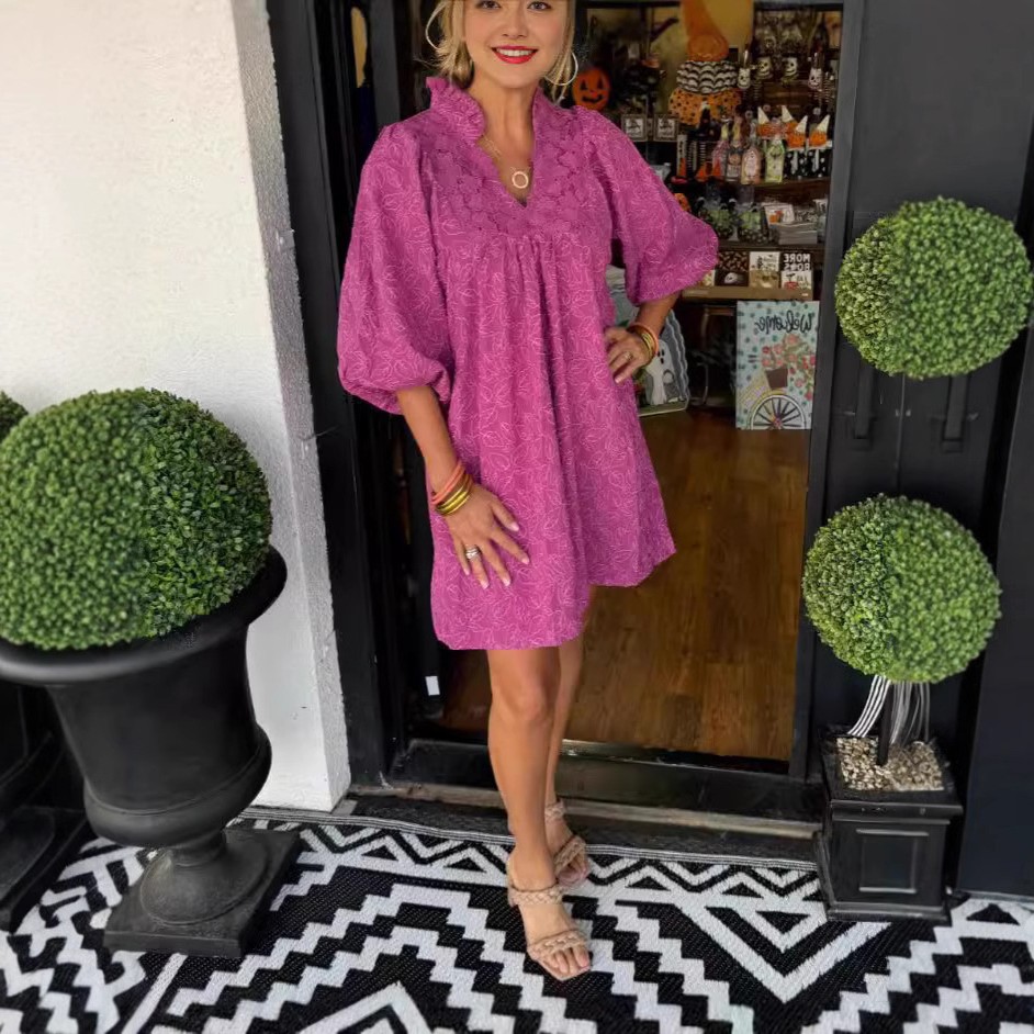 跨境外贸亚马逊独立站欧美女装时尚领花边拼接气质提花连衣