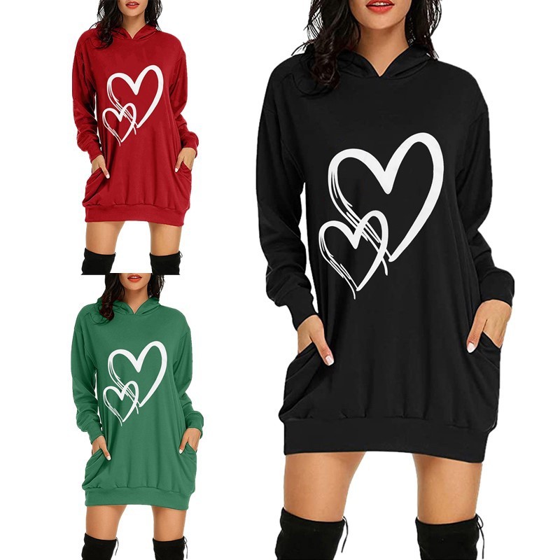 欧美跨境外贸亚马逊情人节印花中长款女装连帽长袖卫衣女甜酷