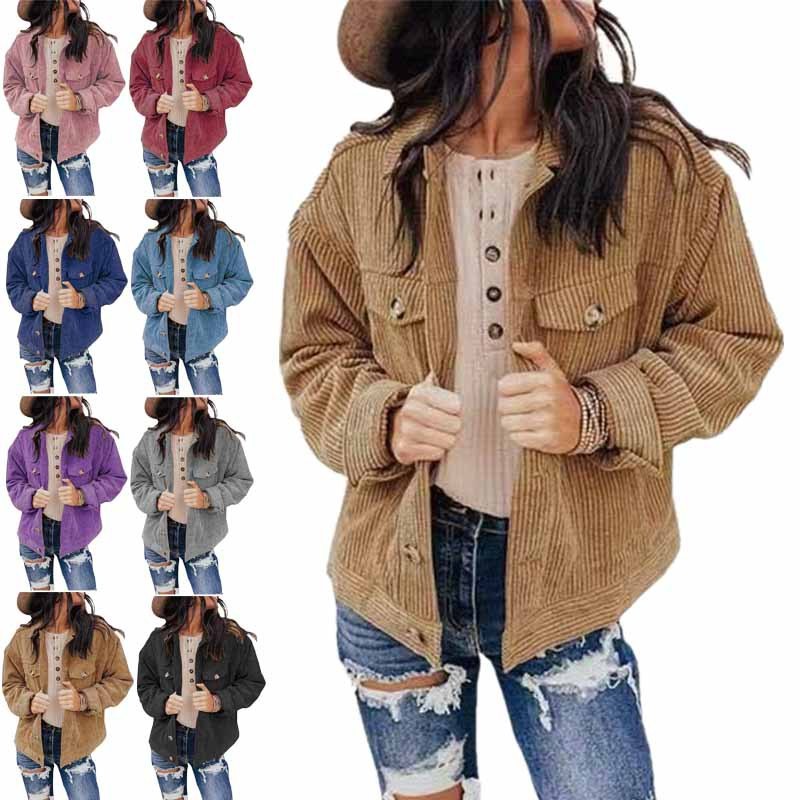 欧美跨境秋冬新款外贸女装 纯色夹克上衣开衫宽松丁心绒外套