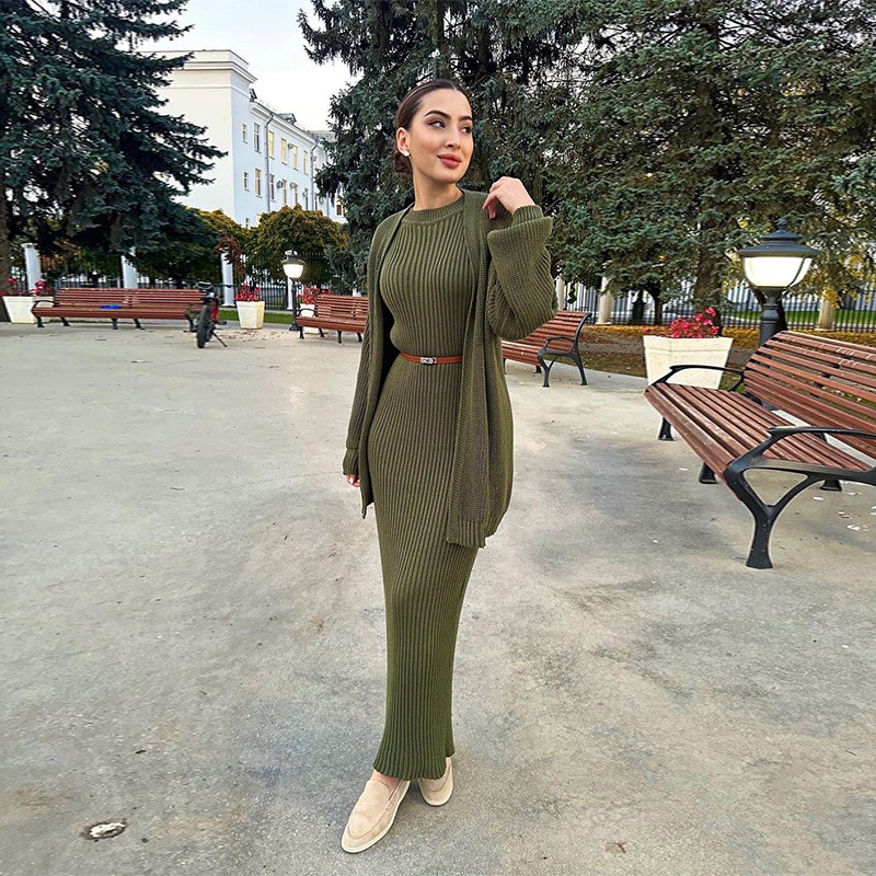 俄罗斯亚马逊跨境外贸秋冬新款休闲圆领修身慵懒风开衫针织套装裙