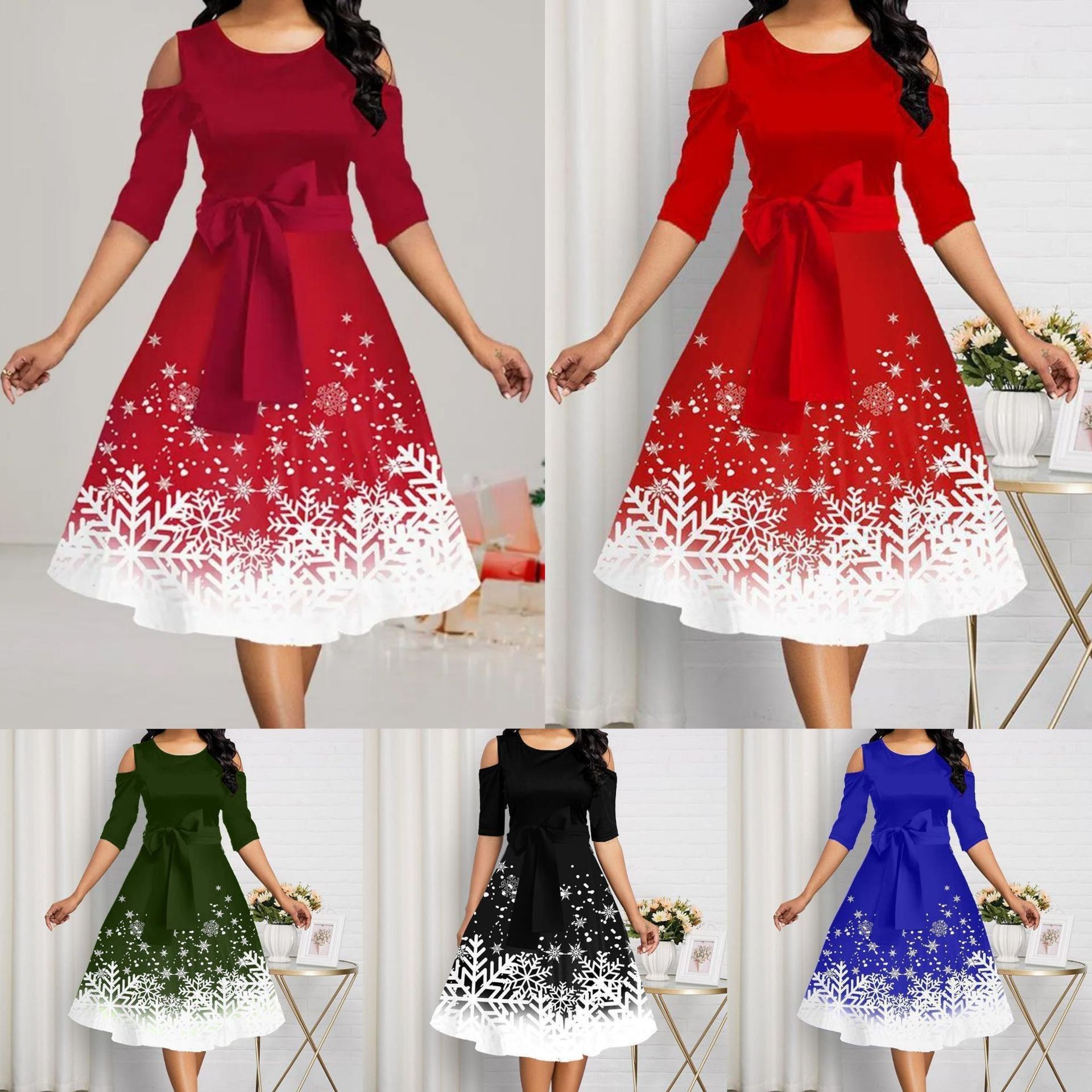 欧美跨境女装 亚马逊独立站圣诞雪花圆领露肩腰带大摆新款连衣裙