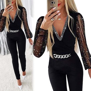 烫钻高腰职业休闲连体裤 秋季 纯色领长袖 亚马逊欧美女装 新款