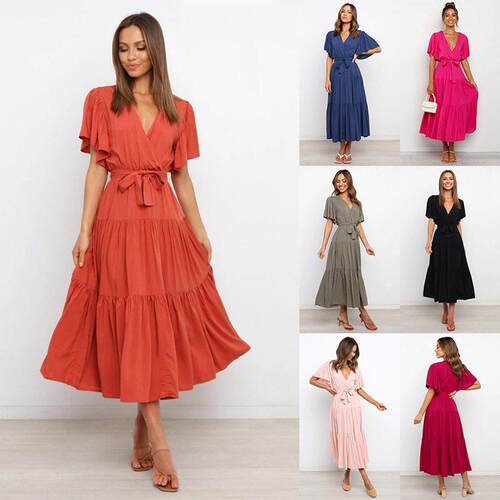 Summer Plain V-neck printed short-sleeved dress women 连衣裙