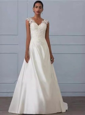 秋季新款白色气质蕾丝连衣裙欧式婚礼伴娘露背低领大码礼服长裙子