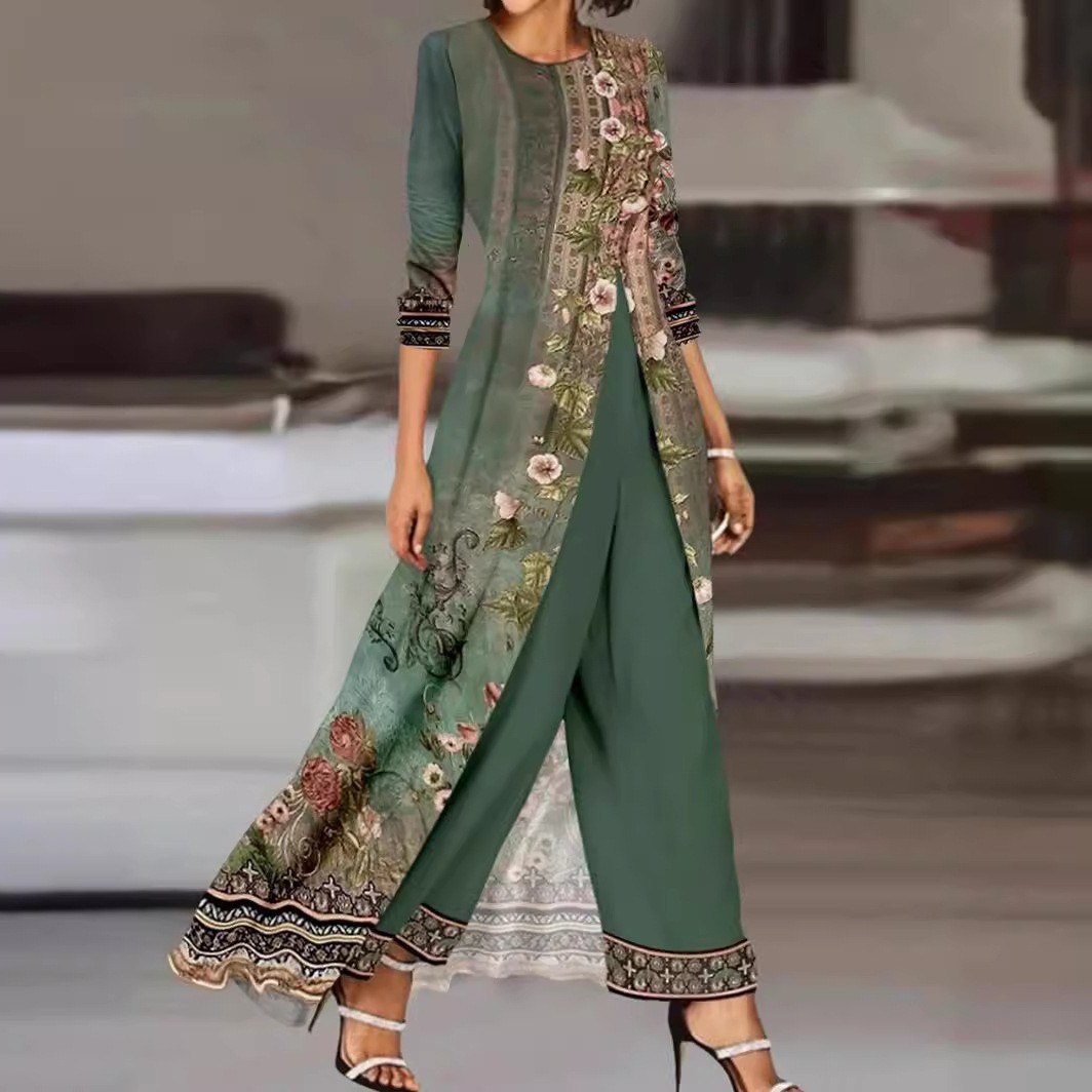 欧美女式连衣裙两件套翡翠色长款长袖印花圆领连裤套装