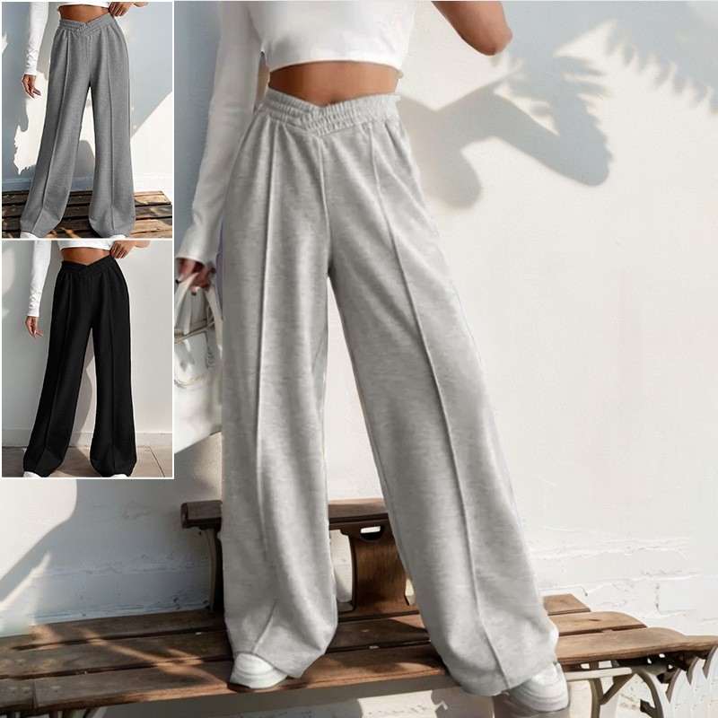 独立站跨境女式裤子新款欧美休闲松紧字高腰拼接女士阔腿裤