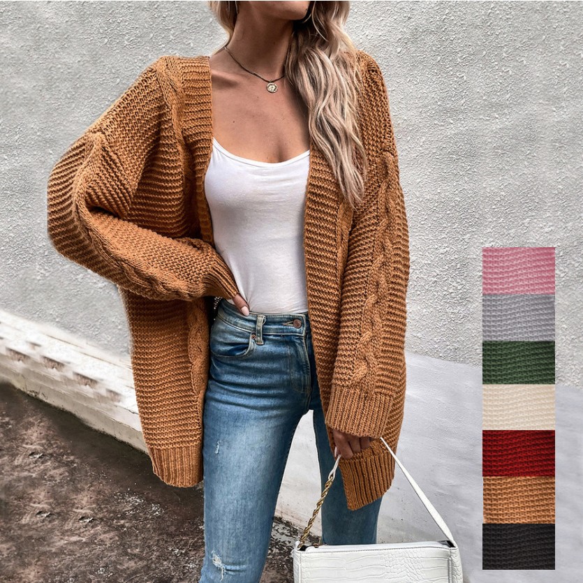 欧美秋冬新款外贸亚马逊跨境中长款麻花纹开衫毛衣外套女