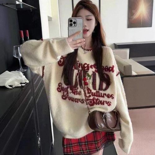 美式复古字母贴布刺绣圆领毛衣男女甜酷宽松慵懒风学生套头针织衫