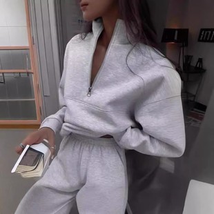 拉链翻领纯色休闲两件套装 时尚 欧美凤亚马逊跨境秋冬新款 外贸女装