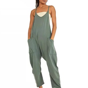 背带裤 欧美女装 连体裤 拉链口袋吊带长裤 亚马逊独立站爆款