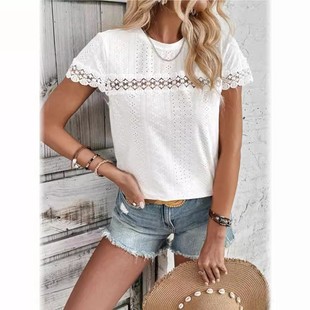 欧美跨境外贸女装 领蕾丝拼接宽松休闲孔眼恤 亚马逊春夏新品