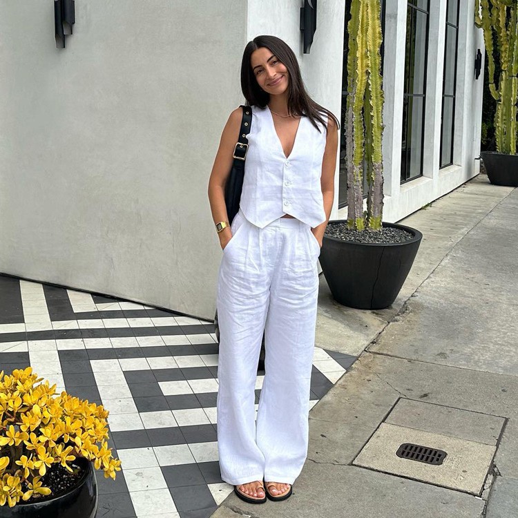 外贸女装夏季新款棉麻无袖背心马甲休闲时尚直筒长裤两件套