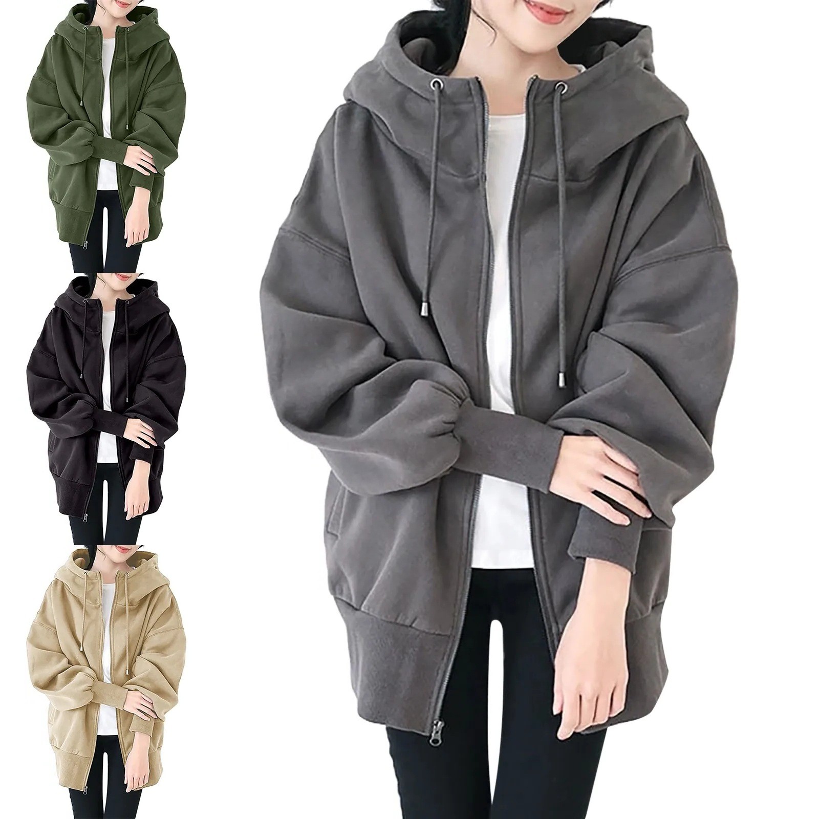 欧美外贸秋冬新款个性街头纯色大码卫衣拉链连帽长款加绒卫衣